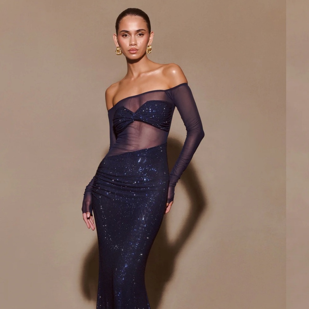 Nash Diamante Off Shoulder Maxi Dress - Navy